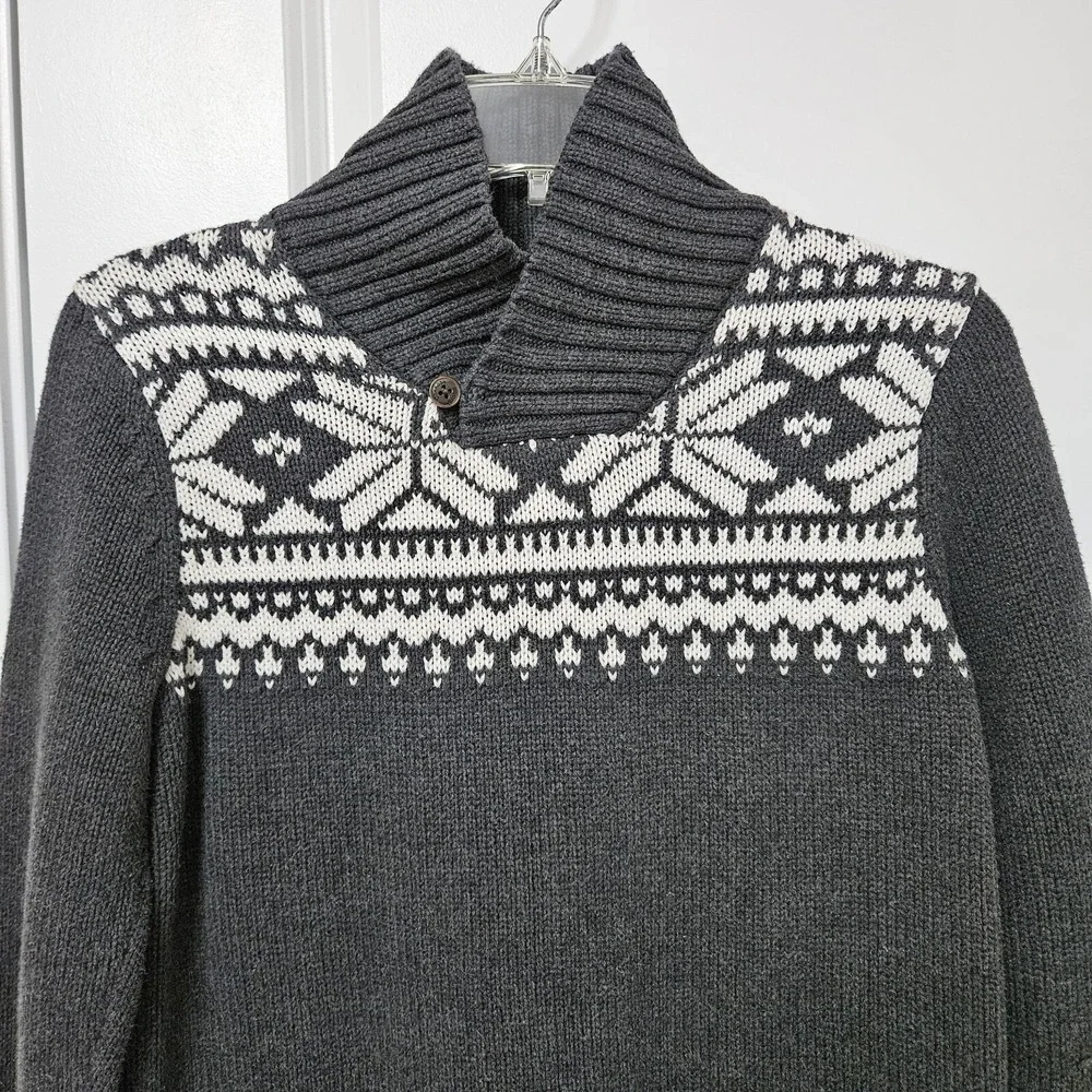 OshKosh B'gosh Sweater Kids 10/12 Gray Fair Isle Snowflake Shawl Collar Cotton